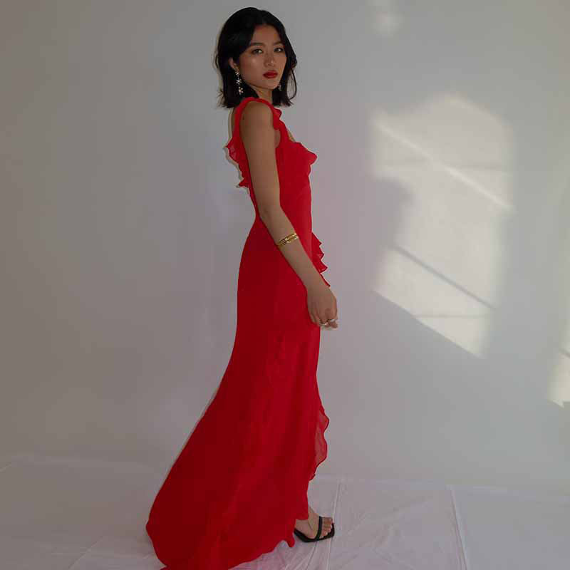 Shoulder Straps Sleeveless Ruffled Maxi Dress