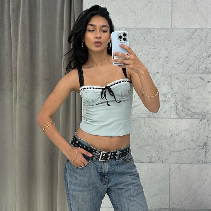 Blue Sweetheart Neck Crop Top