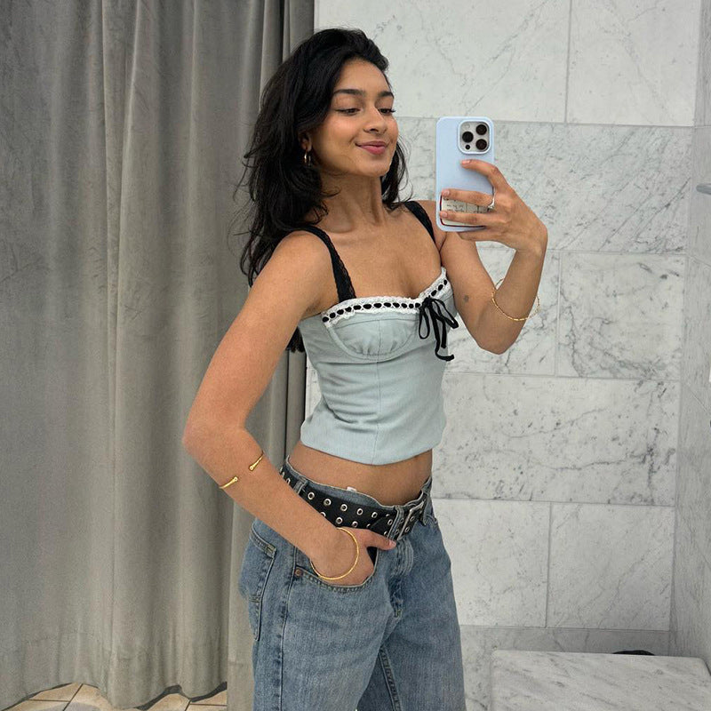 Blue Sweetheart Neck Crop Top