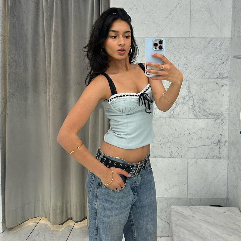 Blue Sweetheart Neck Crop Top