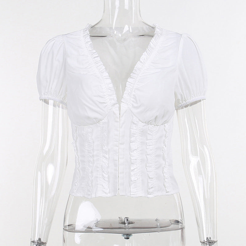 White Off-Shoulder Puff Sleeves Gathered Top