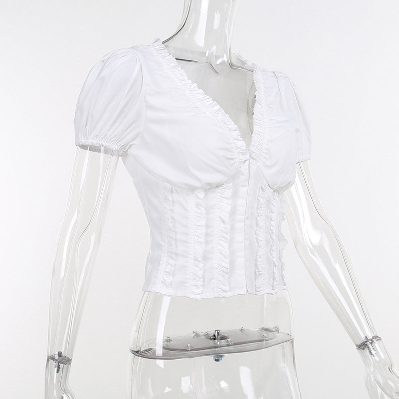 White Off-Shoulder Puff Sleeves Gathered Top