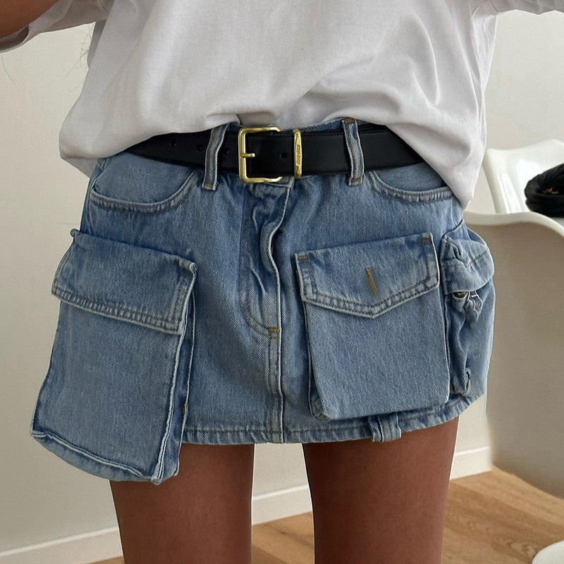 Blue Pocket Detailed A-Line Mini Skirt