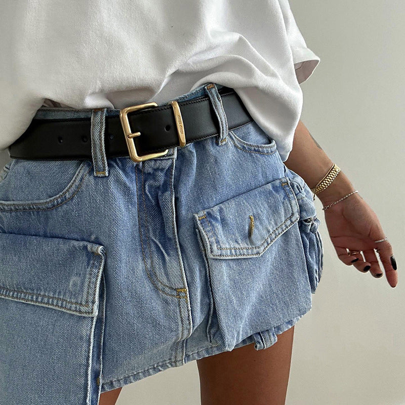 Blue Pocket Detailed A-Line Mini Skirt