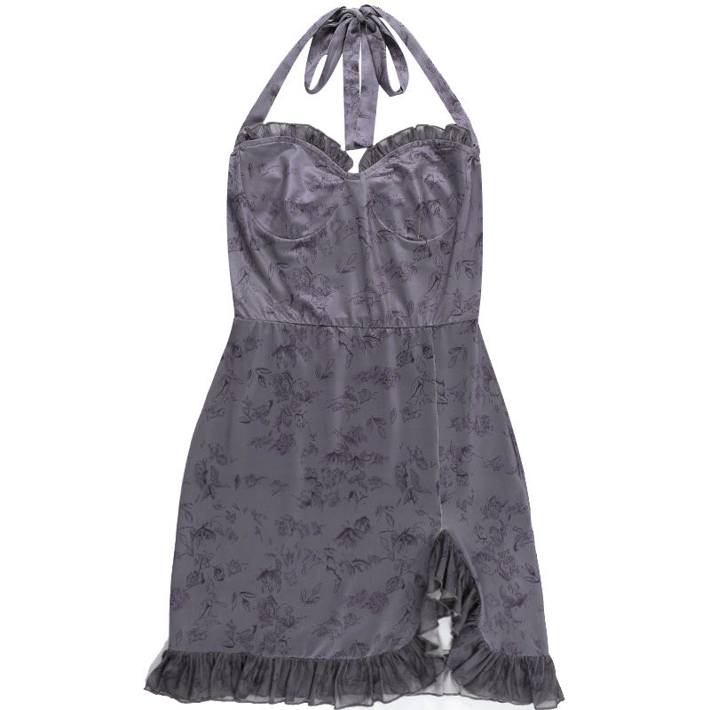 Grey Floral Printed Tie-Up Neck Ruffles Sheath Dress