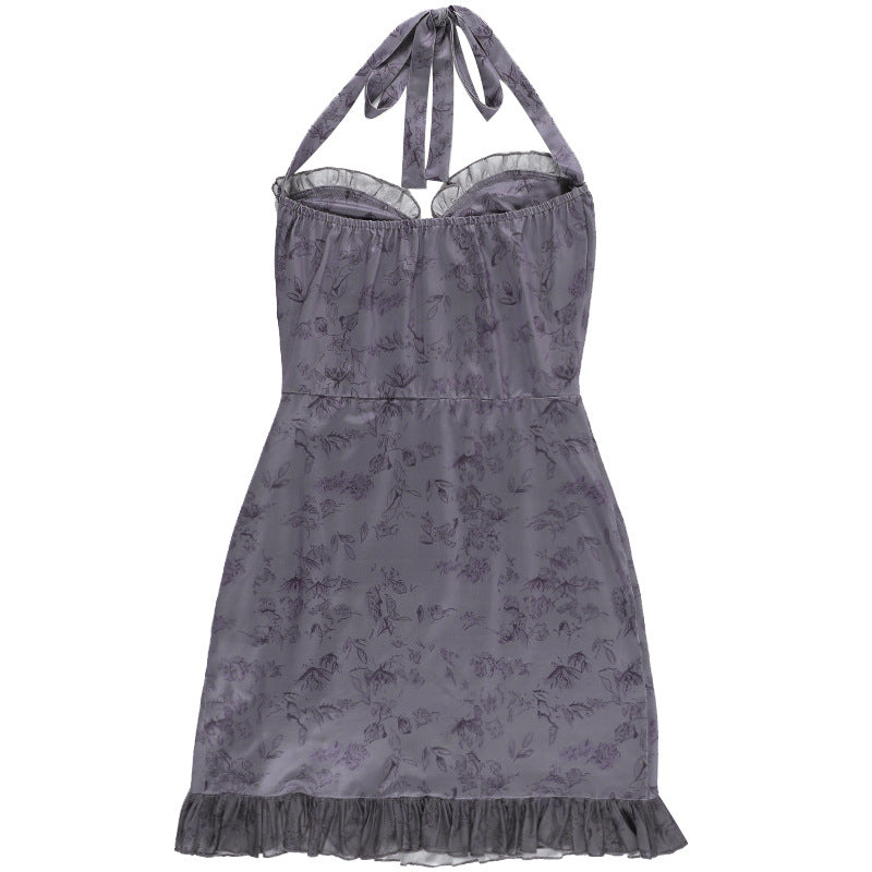 Grey Floral Printed Tie-Up Neck Ruffles Sheath Dress