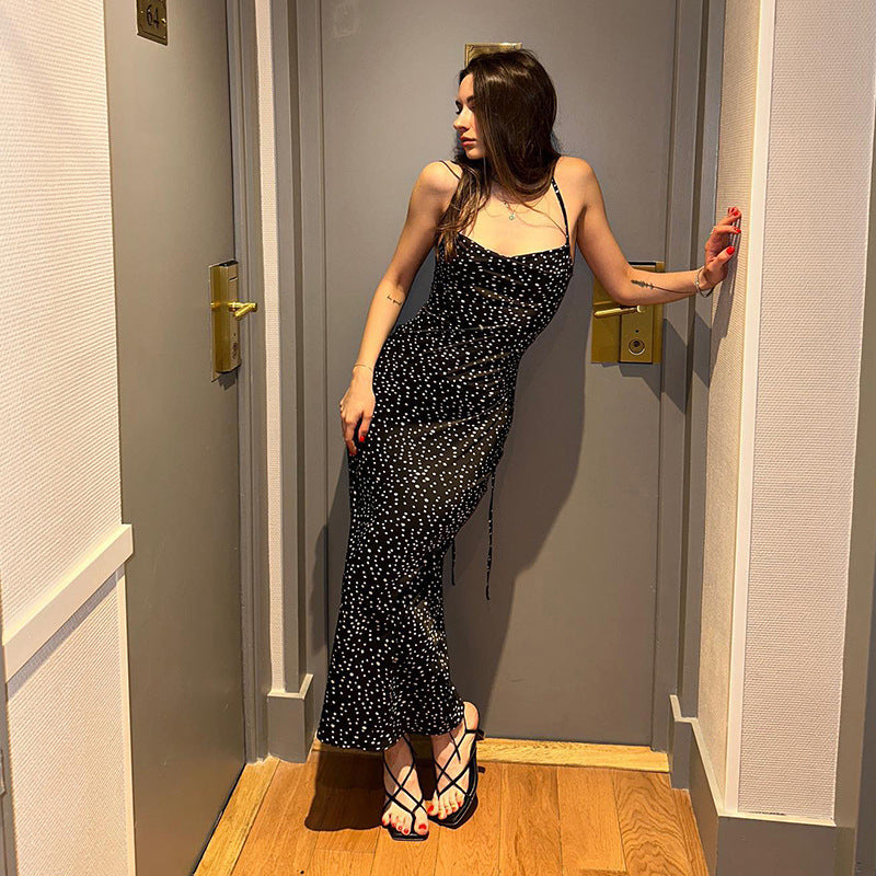 Black Polka Dots Sleeveless Party Maxi Dress