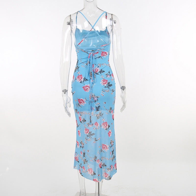 Blue Floral Printed Shoulder Straps Tie-Ups Sheath Midi Dress