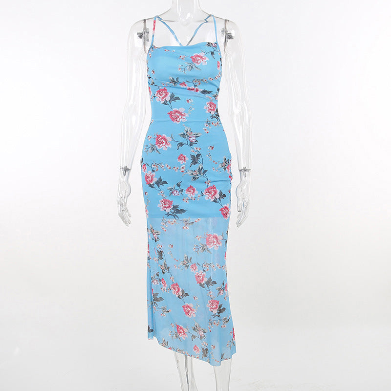 Blue Floral Printed Shoulder Straps Tie-Ups Sheath Midi Dress