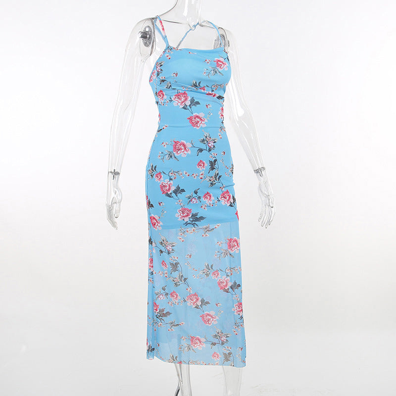 Blue Floral Printed Shoulder Straps Tie-Ups Sheath Midi Dress