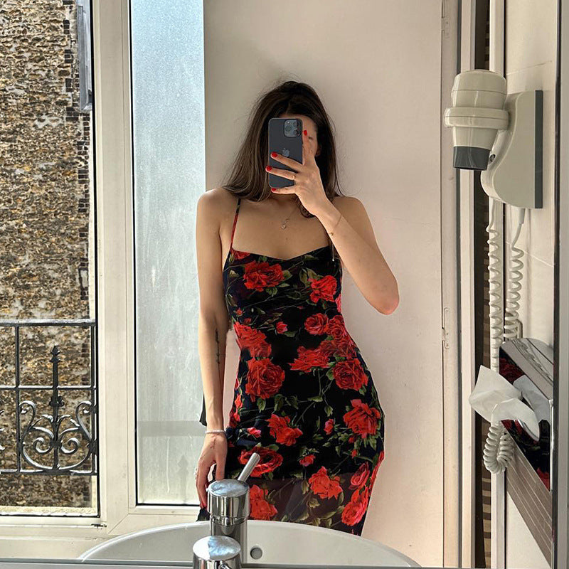 Red & Black Floral Printed Bodycon Dress