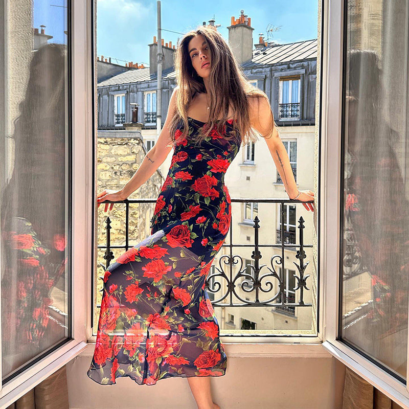 Red & Black Floral Printed Bodycon Dress
