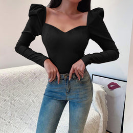 Black Sweetheart Neck Puff Sleeves Fitted Top