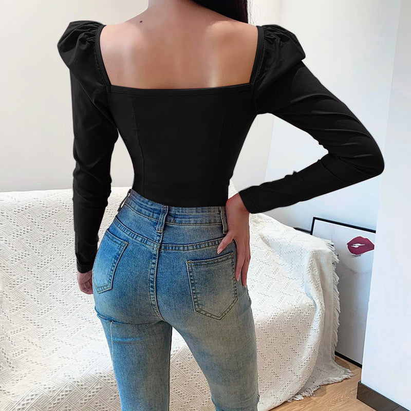 Black Sweetheart Neck Puff Sleeves Fitted Top
