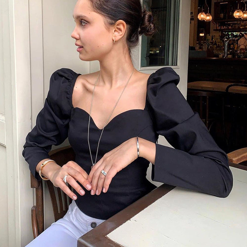Black Sweetheart Neck Puff Sleeves Fitted Top