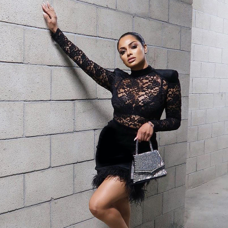 Black Floral Sheer Mini Party Dress