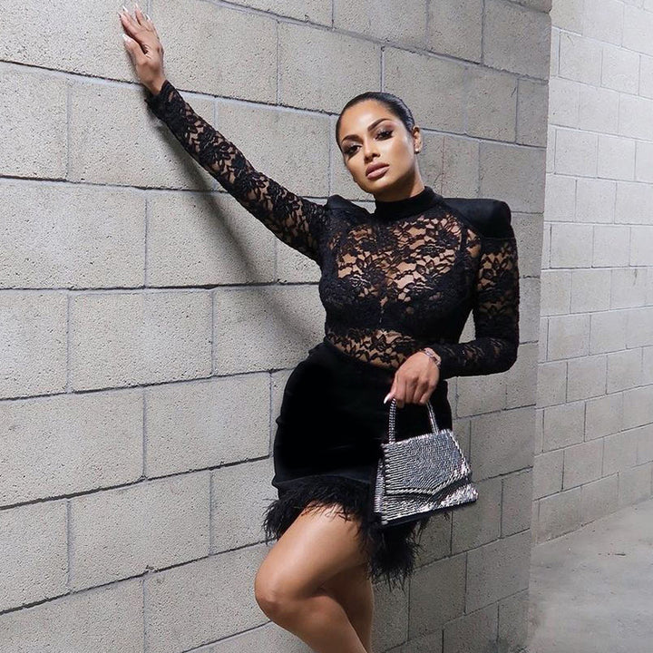 Black Floral Sheer Mini Party Dress