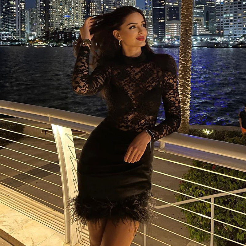 Black Floral Sheer Mini Party Dress