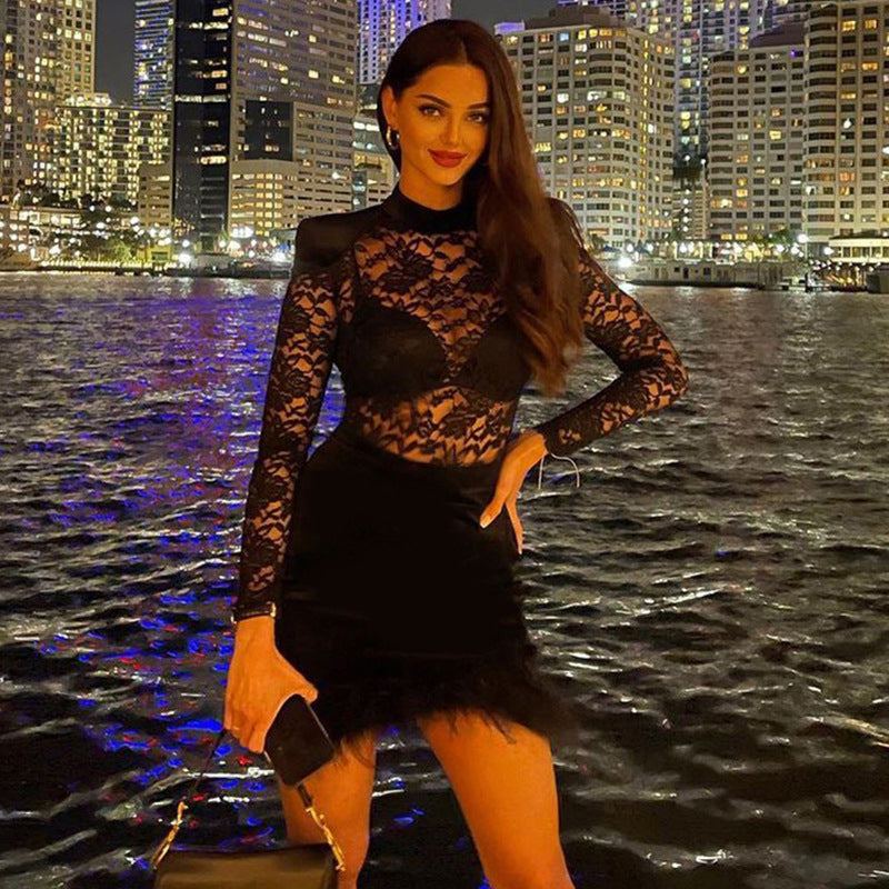 Black Floral Sheer Mini Party Dress