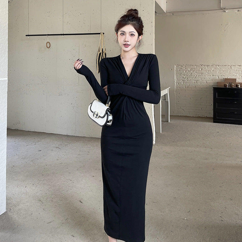 V Neck Long Sleeves Sheath Maxi Dress