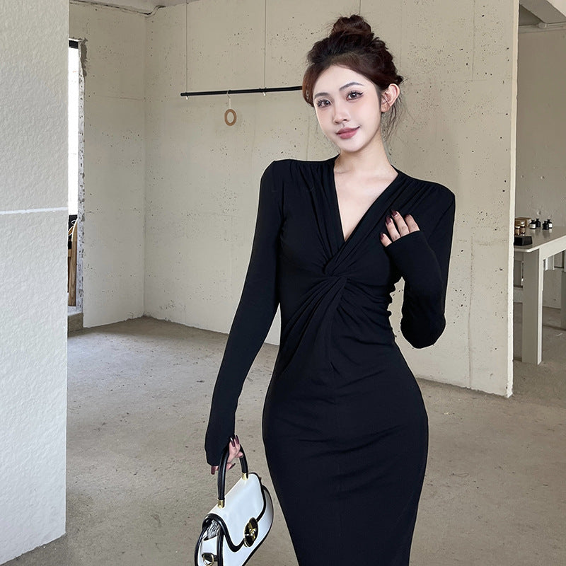 V Neck Long Sleeves Sheath Maxi Dress