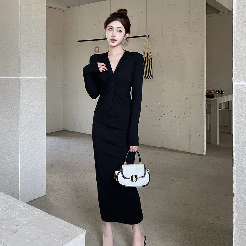V Neck Long Sleeves Sheath Maxi Dress