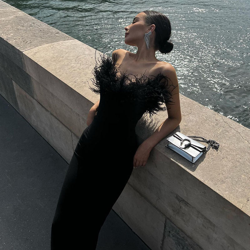 Black Fringed Bodycon Maxi Dress