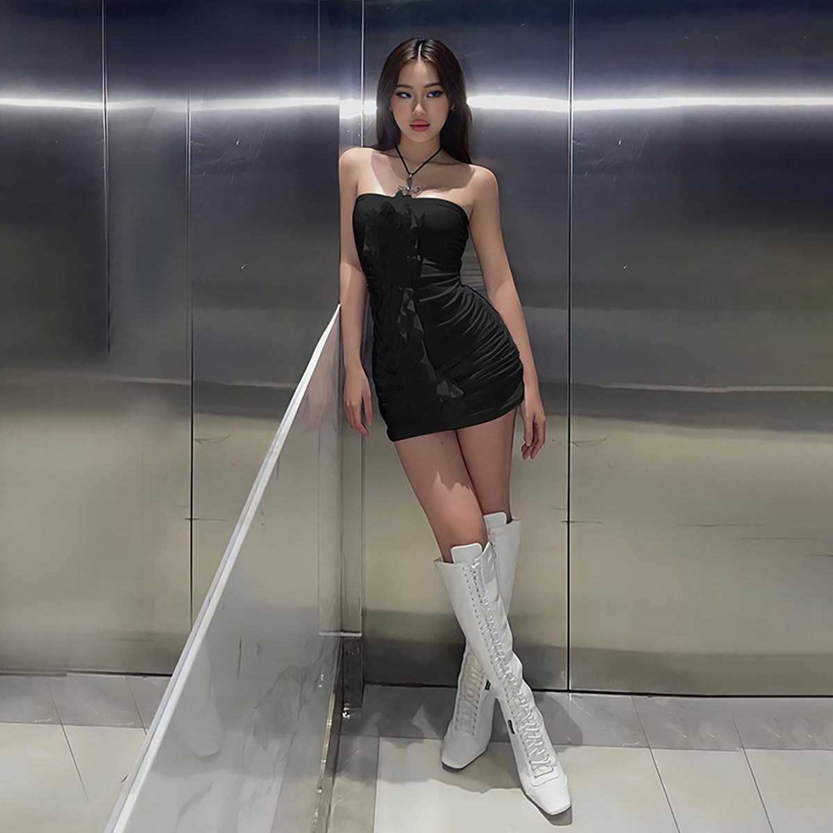 Black Ruffles Detailed Ruched Bodycon Mini Dress