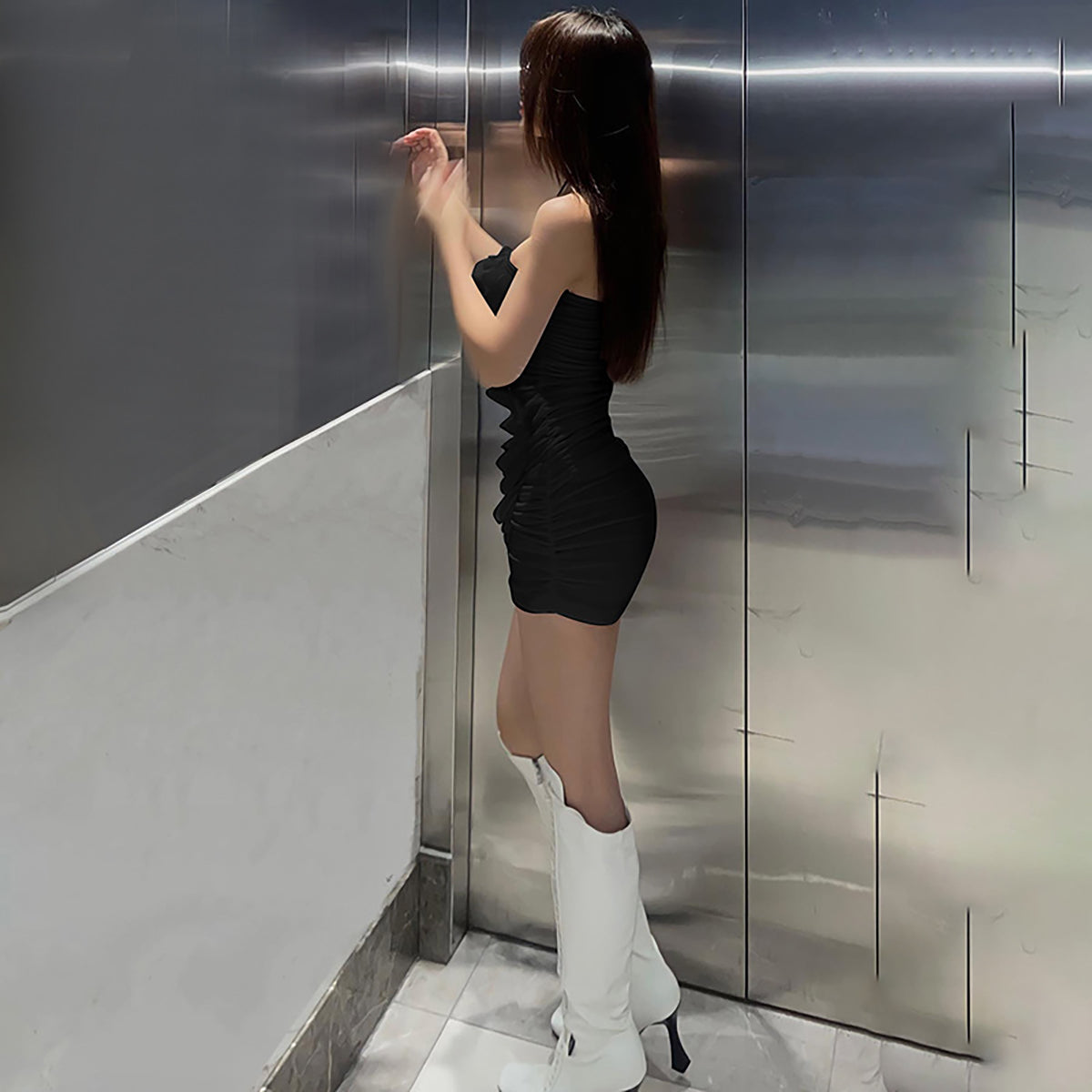 Black Ruffles Detailed Ruched Bodycon Mini Dress
