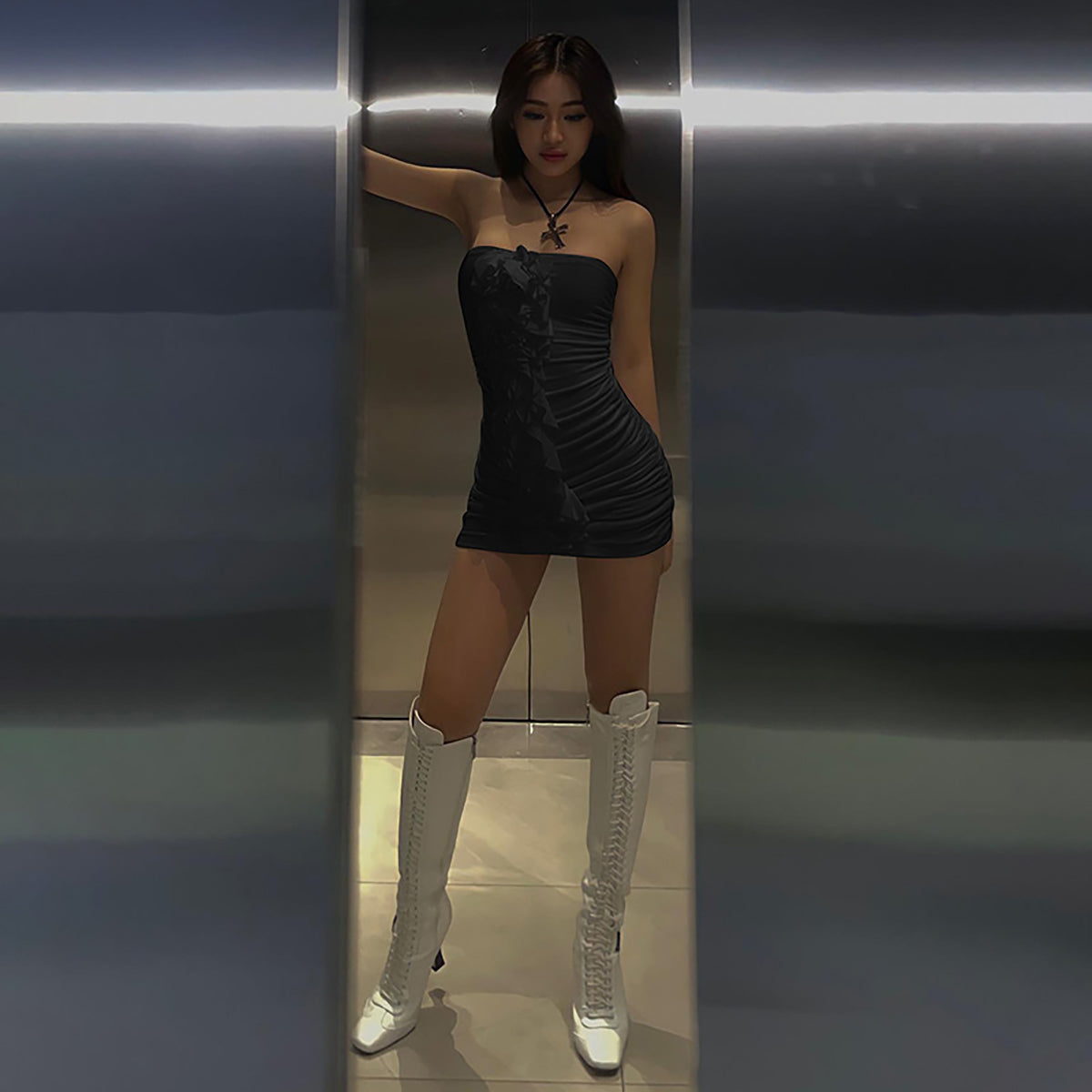 Black Ruffles Detailed Ruched Bodycon Mini Dress