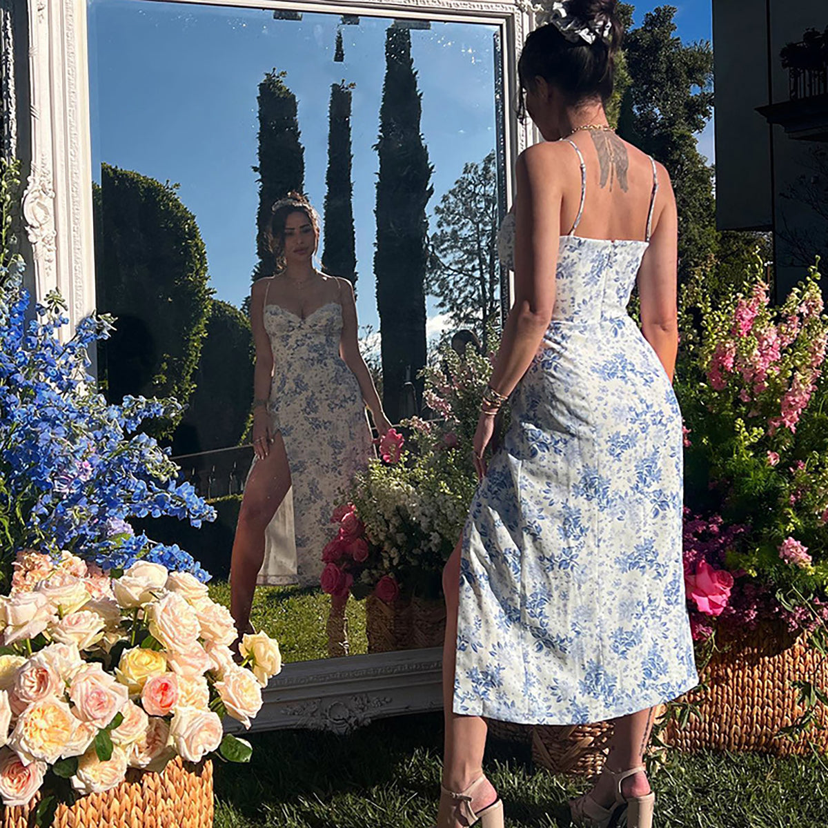 White & Blue Floral Printed Strap Shoulder Midi A-Line Dress