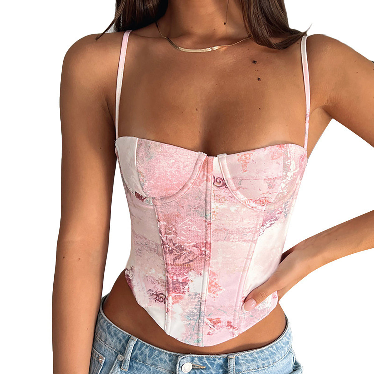 Pink Floral Sweetheart Neck Crop Top