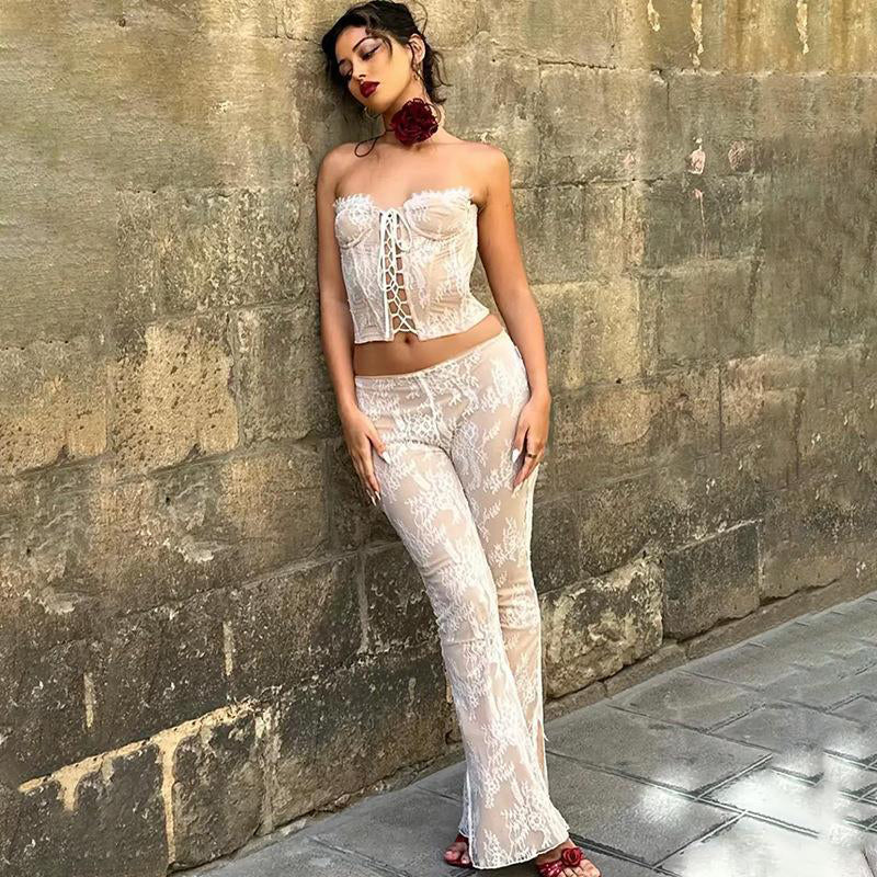 Women White Self Design Flared High-Rise Trousers