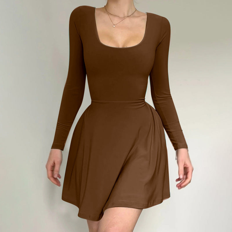 Brown Round Neck Fit & Flare Mini Dress