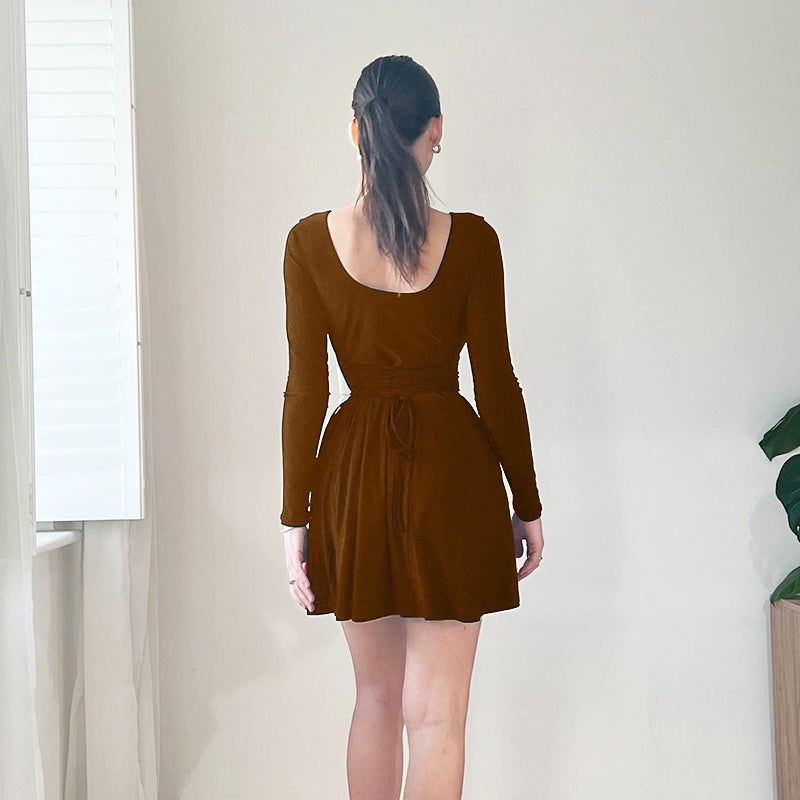 Brown Round Neck Fit & Flare Mini Dress