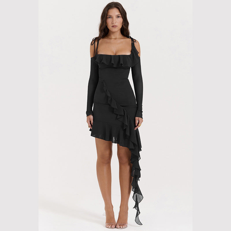 Black Cold-Shoulder Ruffled Sheath Dress
