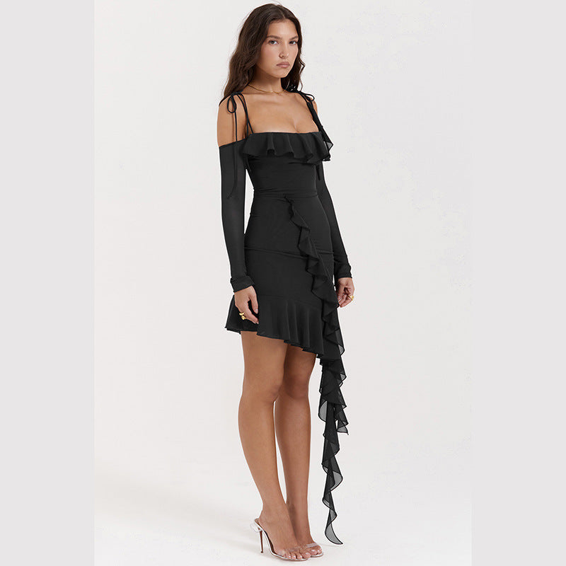 Black Cold-Shoulder Ruffled Sheath Dress