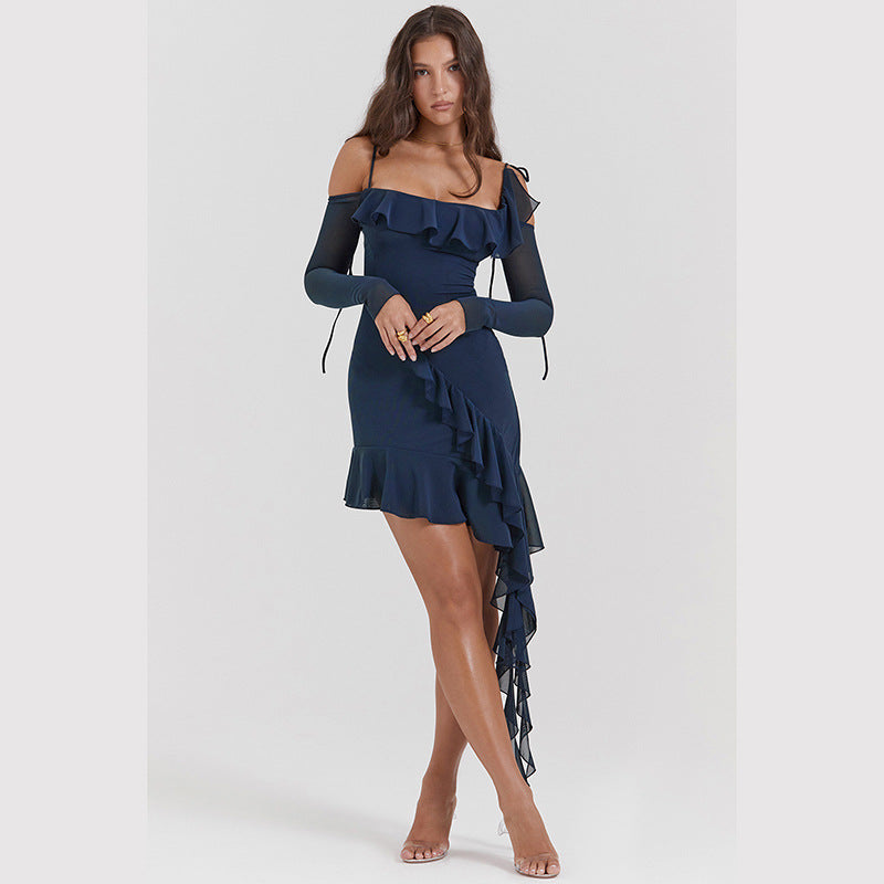 Navy Blue Cold-Shoulder Ruffled Bodycon Dress