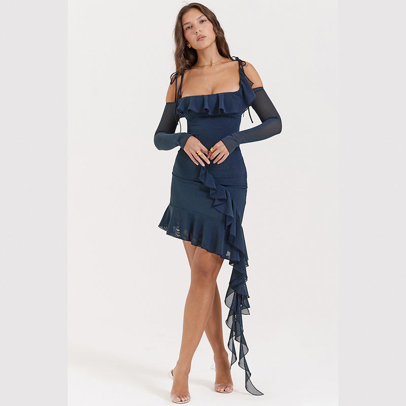 Navy Blue Cold-Shoulder Ruffled Bodycon Dress