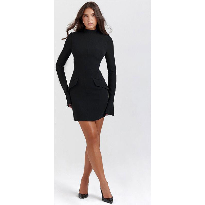 Black High Neck Sheath Mini Dress