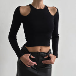 Black Round Neck Cold-Shoulder Sleeves Linen Fitted Crop Top