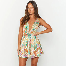 White & Yellow Floral Printed V-Neck Fit & Flare Mini Dress