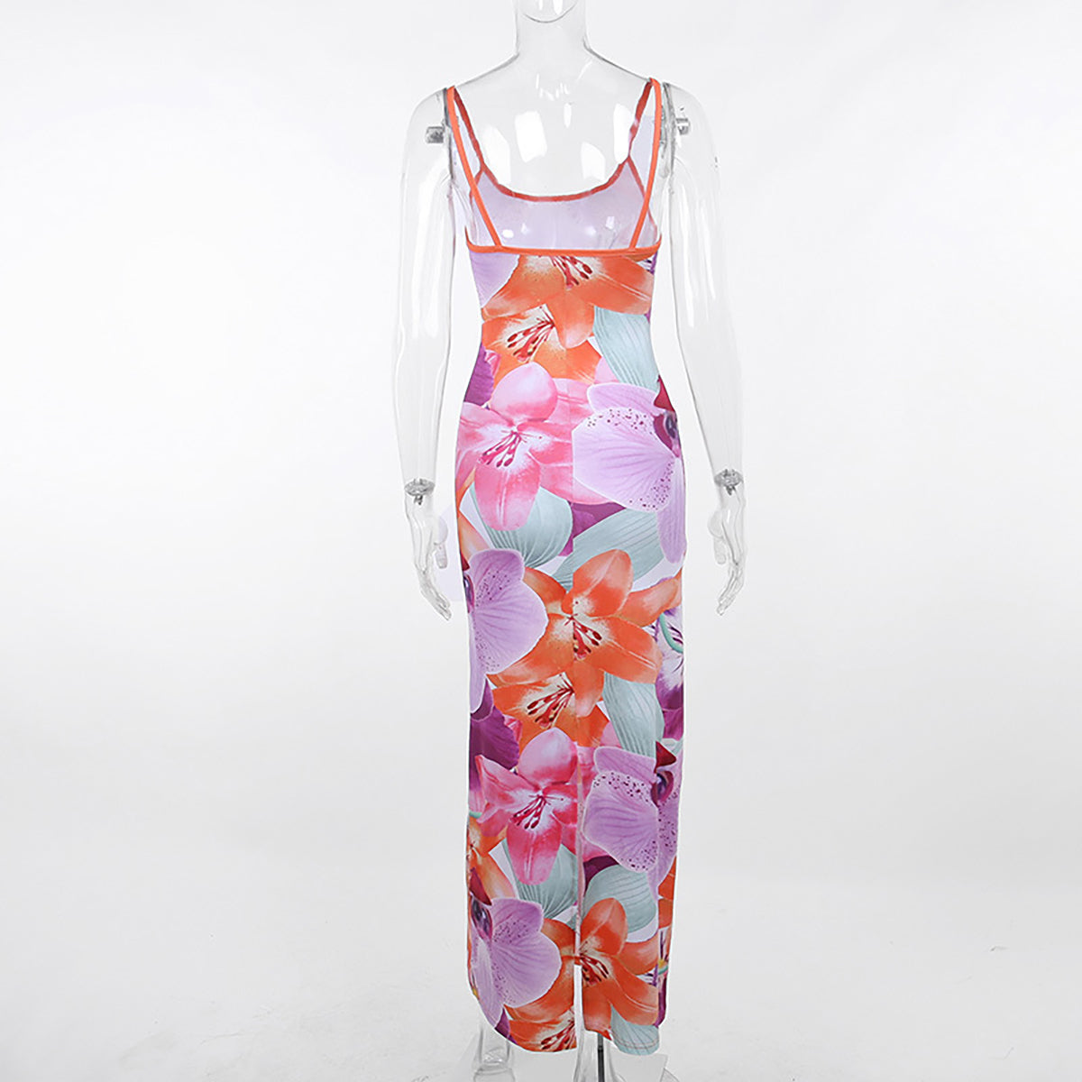 Orange Floral Printed Shoulder Straps Bodycon Maxi Dress