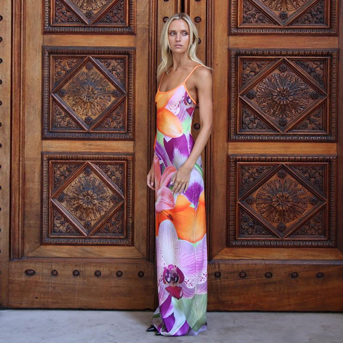 Orange Floral Printed Shoulder Straps Bodycon Maxi Dress