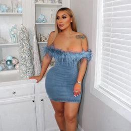 Blue Off Shoulder Cotton Bodycon Mini Dress
