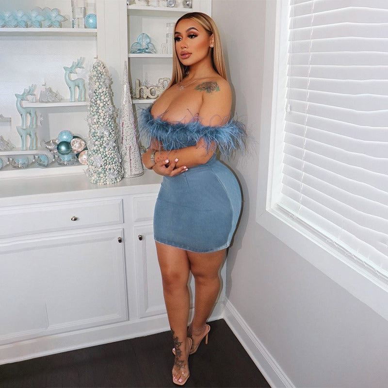 Blue Off Shoulder Cotton Bodycon Mini Dress