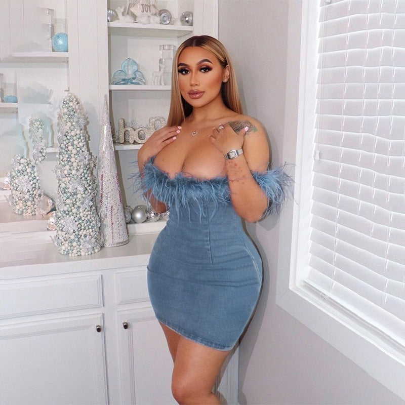 Blue Off Shoulder Cotton Bodycon Mini Dress