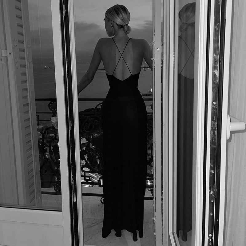 Black Shoulder Straps Corsage Detail Maxi Dress