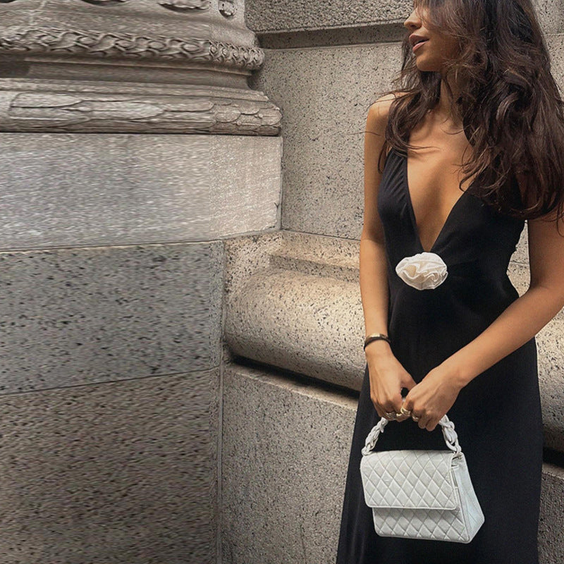 Black Shoulder Straps Corsage Detail Maxi Dress