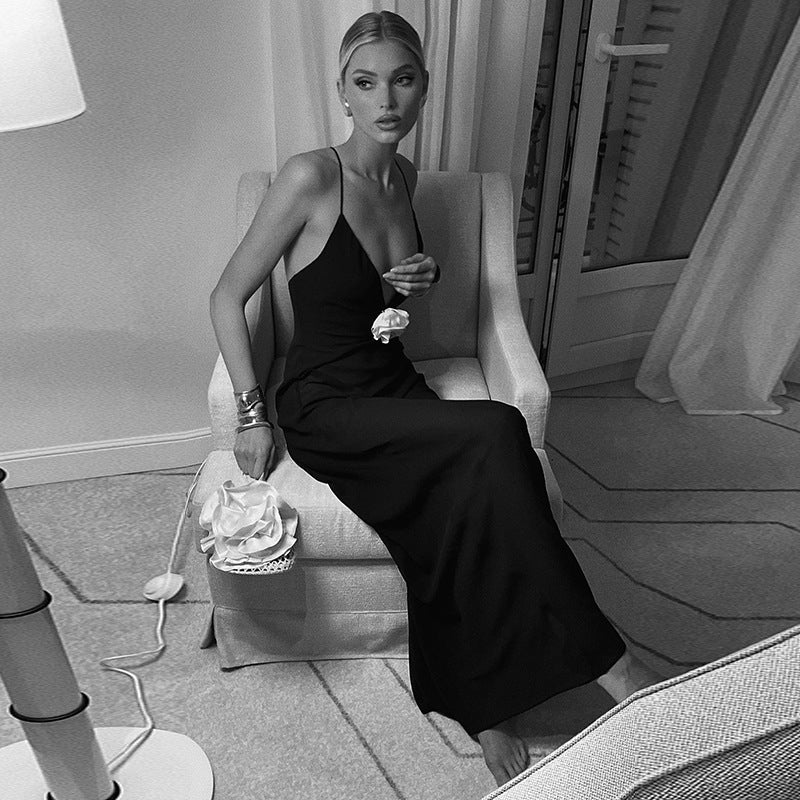Black Shoulder Straps Corsage Detail Maxi Dress